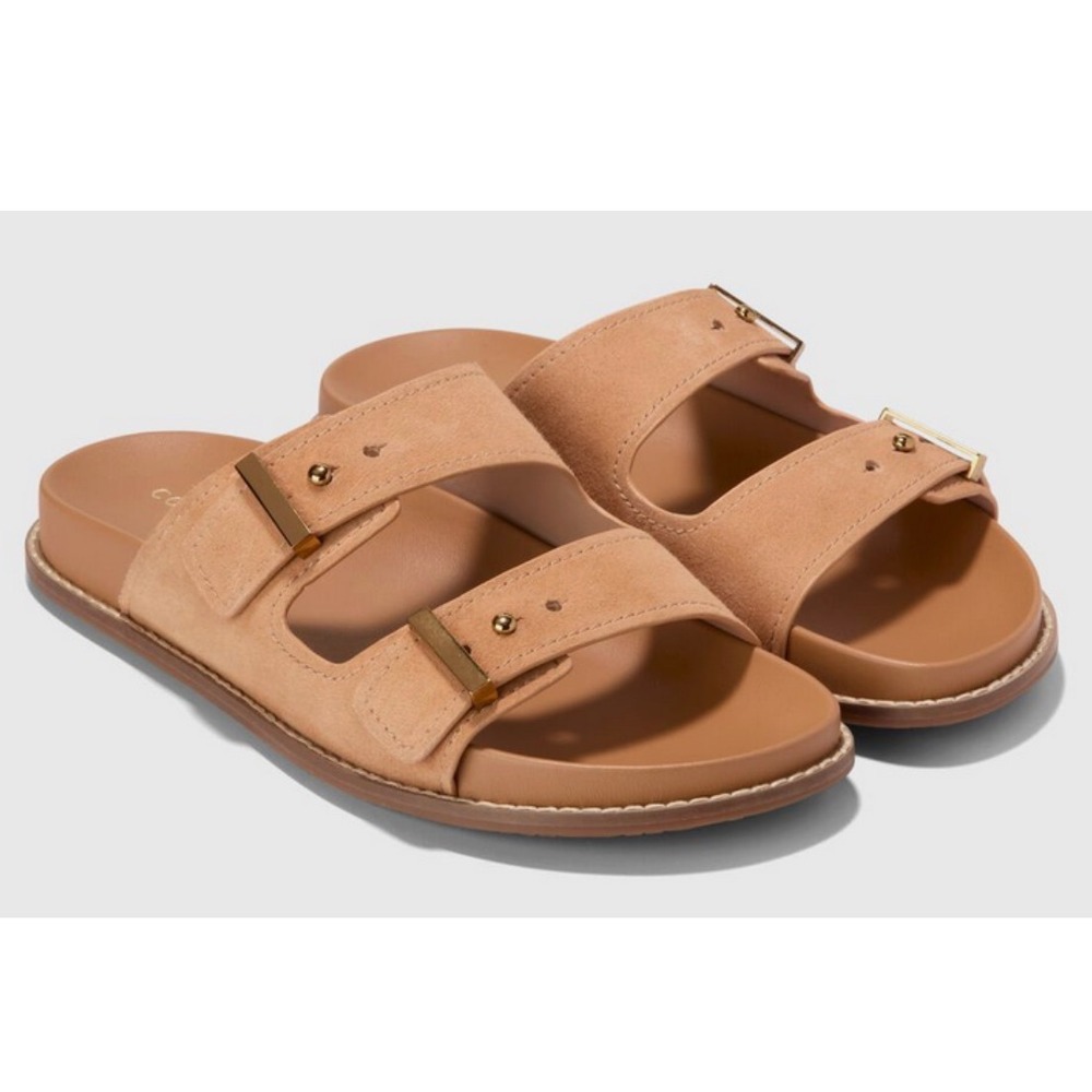 COLE HAAN Marisol Sandals BISCUIT TAN SUEDE Two Wide Straps Leather 8.5 Runs Big